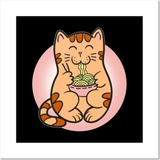 Kawaii Vintage Style Japanese Ramen Cat Posters and Art